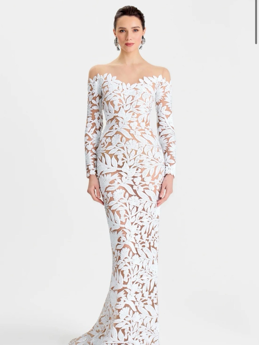 NEW IN BOX - NADINE MERABI White Off-Shoulder Long Sleeve Lace Gown NWT